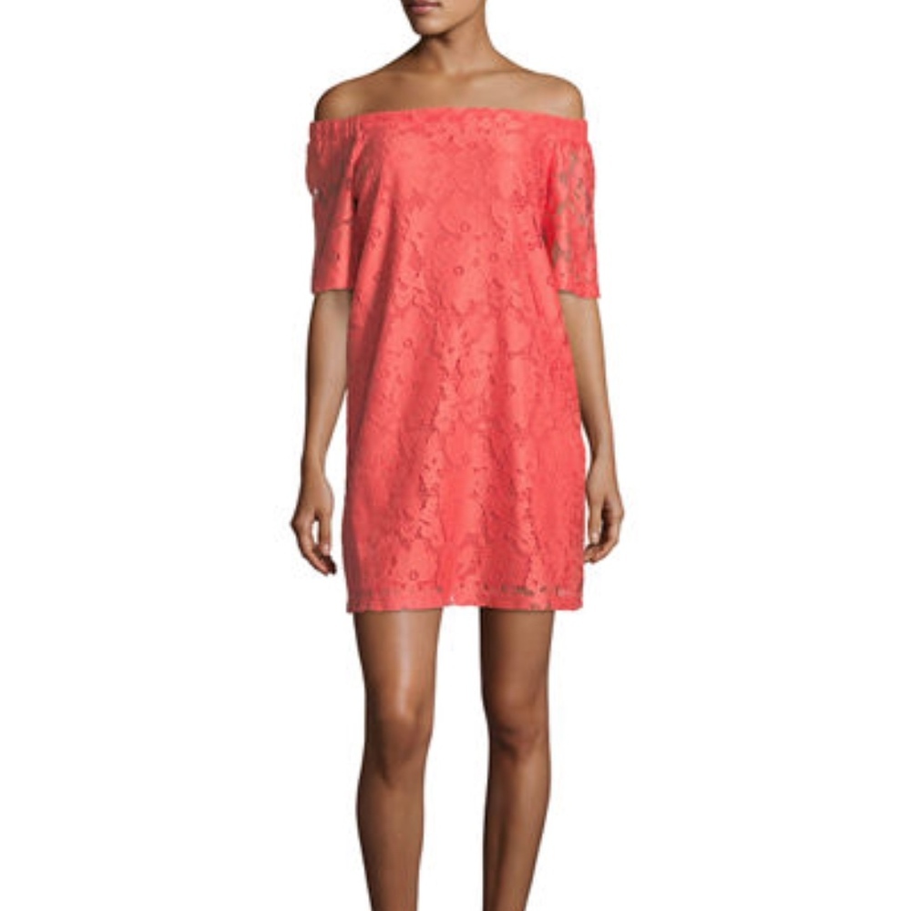 Donna Morgan Off the Shoulder Tea Rose Coral Floral Lace Straight Mini Dress 2